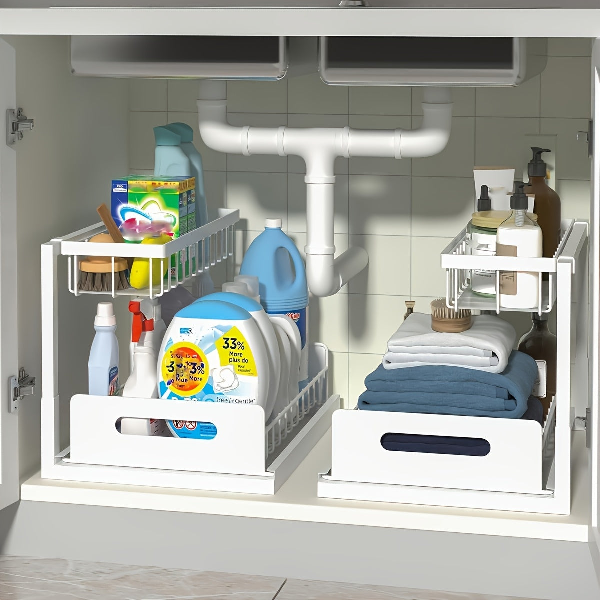Metal Sliding Pull-Out Cabinet Rack for Under Sink Kitchen Bathroom – Slide-Out Drawer Organizer for Refrigerator Cabinet Storage, Easy Install, Black & White, 1 or 2 Pack