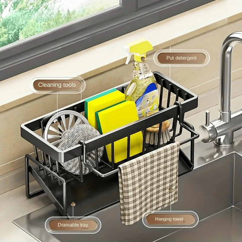 Sink Sponge Holder Drain Rack with Dishcloth Holder & Soap Dispenser Caddy, Kitchen Sink Organizer for Sponge Brush Mop Scrubber, Black Plastic Countertop Storage Rack