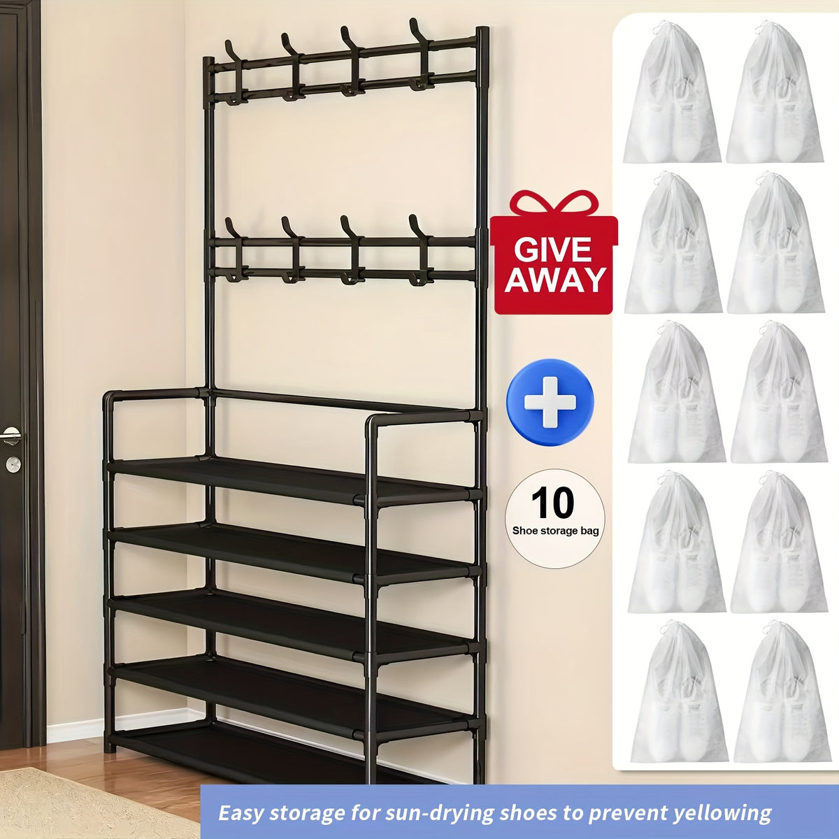 Shoe Rack Organizer with 8 Hooks Multi-Layer - Free Standing Shoe Storage Shelf for Entryway, Closet & Bedroom, Space-Saving Vertical Shoe Tower with Hat & Coat Hooks, 3 or 5 Tier Black