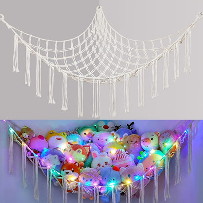Stuffed Animal Hammock with LED Lights Corner Toy Net Organizer for Kids Bedroom Nursery Plush Toy Storage Hanging Mesh Bag