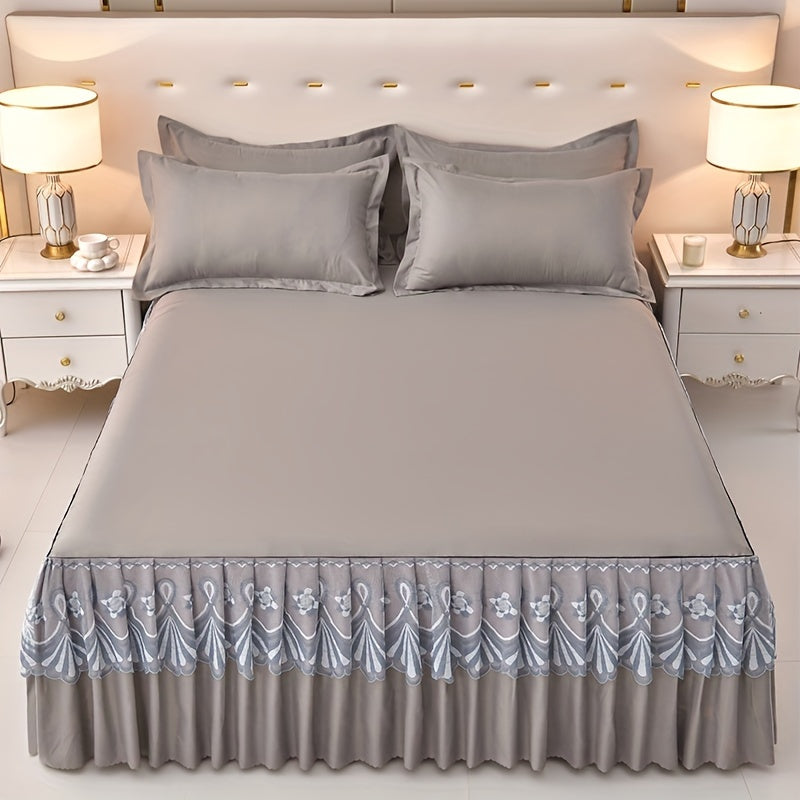 Macrame Bed Skirt Set 3 Piece with Pillowcases – Double Layer Lace Non-Slip Bedding for Twin Full Queen King, All Seasons, Red Grey Navy Purple