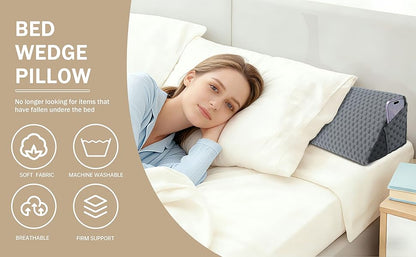 Bed Wedge Pillow Headboard Gap Filler Memory Foam – Mattress Gap Filler for Headboard & Wall, Removable Tie-Dye Cover, Twin Full Queen King Sizes, Dorm & Bedroom Sleeping Support, Gray & White