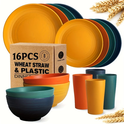 Wheat Straw Dinnerware Set Plates and Bowls 16 or 32 Piece – Microwave & Dishwasher Safe Unbreakable Dish Set for 4 or 8, Lightweight Party Tableware, 7 Colors