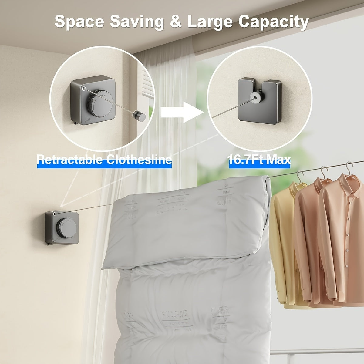 Retractable Clothesline Wall Mounted Heavy Duty – 15.1 Ft Stainless Steel Non-Sagging Clothes Drying Line for Indoor Outdoor Laundry, 1 or 2 Pack, Gray & White