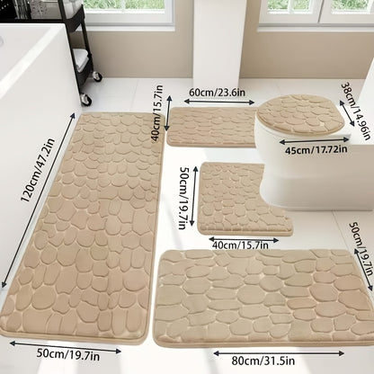 Memory Foam Bathroom Rug Set 5-Piece - Plush Non-Slip Super Absorbent Bath Mats for Sink Bathtub Shower Toilet, Machine Washable Quick-Dry Luxury Soft Sponge Bath Rug Set Black Gray Pink Khaki