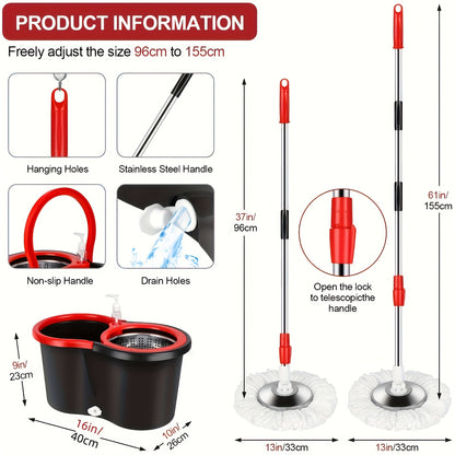 Spin Mop and Bucket Set with Wringer – 360° Spin Mop System, 3 Microfiber Replacement Heads & 61" Adjustable Handle for Floor Cleaning, Home & Holiday Cleaning