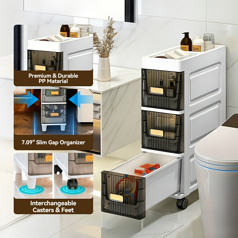 Slim Storage Cabinet with Drawers 3 4 5 6 Tier, Waterproof PP Plastic Drawer Organizer Unit for Bathroom Kitchen Bedroom, Narrow Rolling Storage Cart with Wheels for Small Spaces