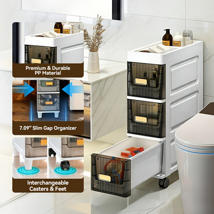 Slim Storage Cabinet with Drawers 3 4 5 6 Tier, Waterproof PP Plastic Drawer Organizer Unit for Bathroom Kitchen Bedroom, Narrow Rolling Storage Cart with Wheels for Small Spaces