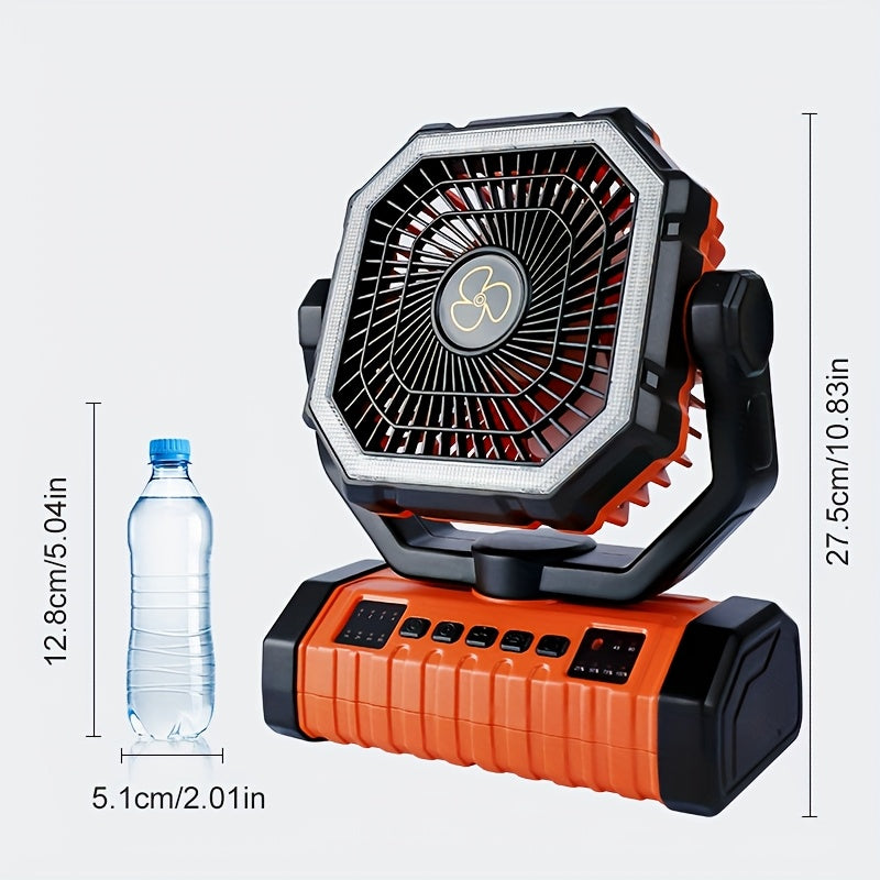 20000mAh Camping Fan with Built-In LED Light – USB Rechargeable Portable Outdoor Cooling Fan, Rugged Sturdy Handle for Tent Hiking Fishing, Compact Design, Green & Orange