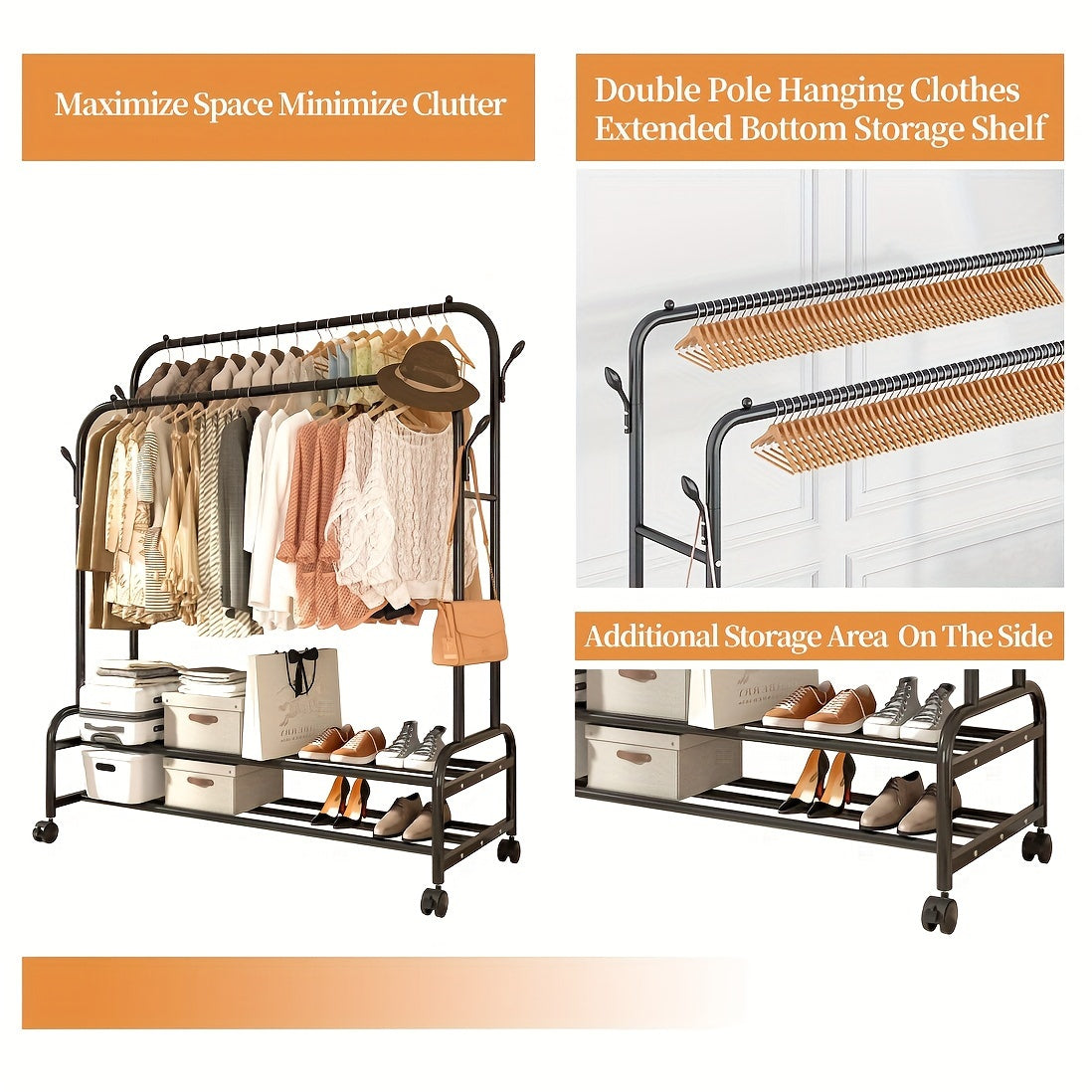 Heavy-Duty Metal Clothing Rack with Double Rods & Wheels – Freestanding Garment Rack with Shelves & Hooks for Bedroom Closet, Golden