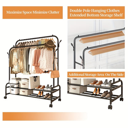 Heavy-Duty Metal Clothing Rack with Double Rods & Wheels – Freestanding Garment Rack with Shelves & Hooks for Bedroom Closet, Golden