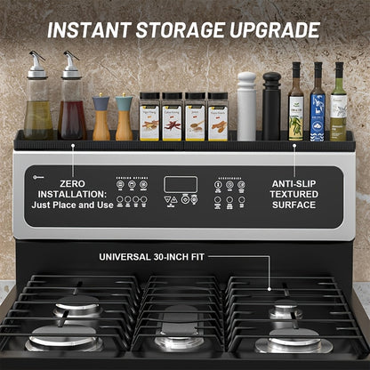 Magnetic Stove Top Shelf Silicone 30 Inch – Flexible Heat Resistant Over Oven Organizer Rack for Kitchen Gadgets Spice Jars Utensils – Strong Magnet Side Mount Storage for Gas Electric Stove, Black