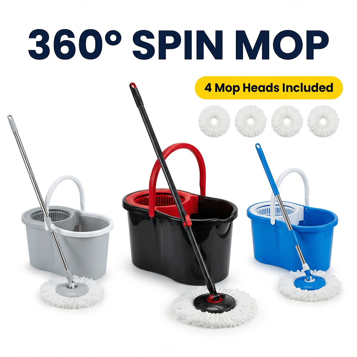 Spin Mop and Bucket Set with Wringer, 4 Microfiber Replacement Heads 42" Adjustable Handle, 360 Degree Spinning Mop Bucket System for Hardwood Tile Laminate Floor Cleaning, Standard Compact Upgrade with Soap Dispenser