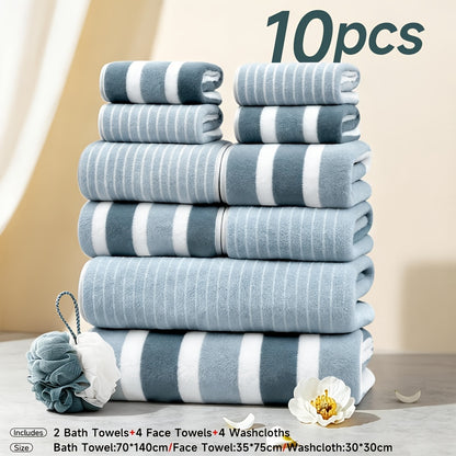 Microfiber Towel Set – Ultra-Soft No Lint Two-Color Striped Bath Towels, Super Absorbent Five-Star Hotel Standard, Available in 1, 3 & 10 Piece Sets for Bathroom, Beach, Gym & Spa