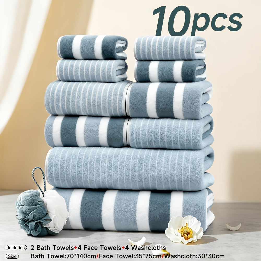 Microfiber Towel Set – Ultra-Soft No Lint Two-Color Striped Bath Towels, Super Absorbent Five-Star Hotel Standard, Available in 1, 3 & 10 Piece Sets for Bathroom, Beach, Gym & Spa