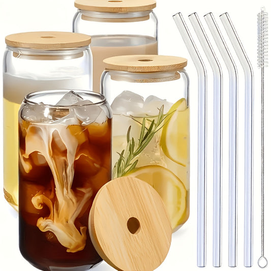 Can Shaped Glass Cup Set with Lid & Straw 4/6pcs – 18.6oz 550ml Elegant Drinking Glasses for Smoothies, Juice, Iced Coffee & Any Beverage, Includes Straw Brush, Perfect Gift