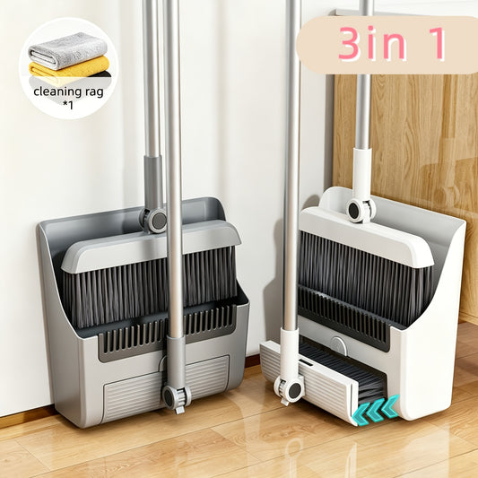 3-in-1 Upright Broom and Dustpan Set with Long Handle, Comb Teeth Dustpan, Garbage Bag Holder – Indoor Outdoor Floor Sweeping Brush Kit for Kitchen Balcony Patio Garage