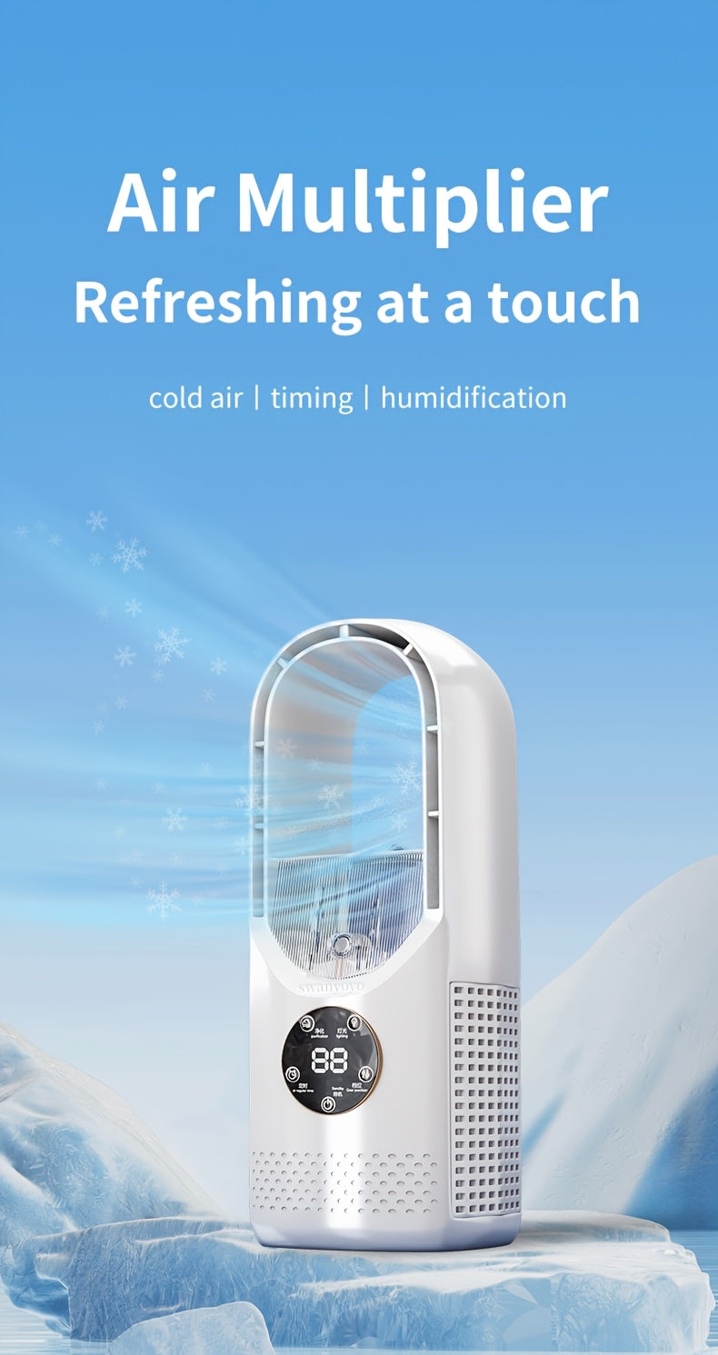 Desktop Bladeless Fan USB Powered – Water Mist Cooling Tower Fan with Remote Control, Touch Screen, 7-Color LED Light, Timer & Auto Shutdown, Portable for Office Home Travel Camping, Blue or White