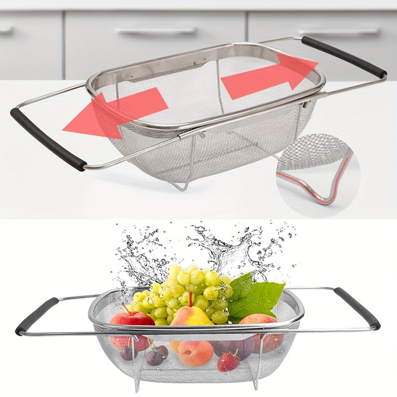 Expandable Stainless Steel Colander Basket - Fine Mesh Strainer with Drain Basket for Washing Vegetables Fruits Pasta, Adjustable Kitchen Sink Strainer, Small & Large Available