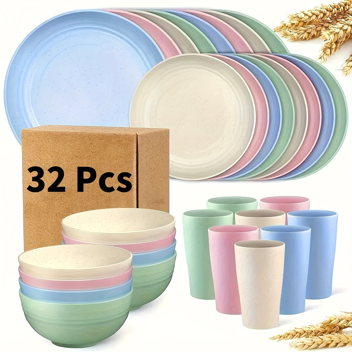 Wheat Straw Dinnerware Set Unbreakable Multicolor – 4 / 16 / 32 Piece Lightweight Dish Set with Dinner Plate, Dessert Plate, Bowl & Cup | Dishwasher Safe, Perfect for Camping, Everyday Use & Gifts | Home Viaco