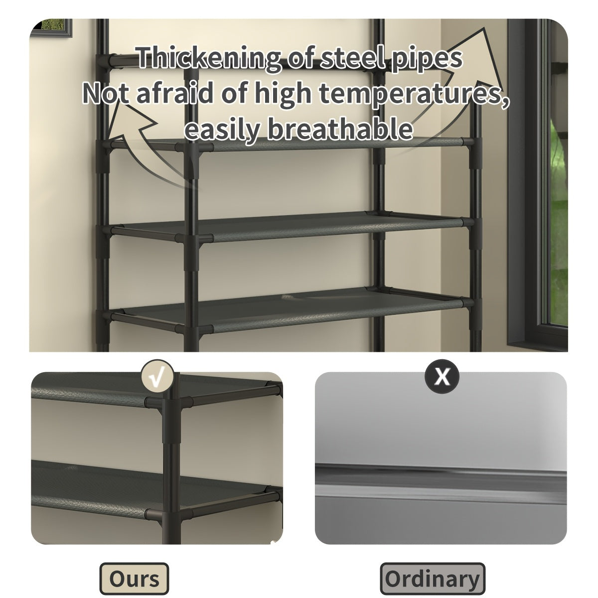 Shoe Rack Organizer with 8 Hooks Multi-Layer - Free Standing Shoe Storage Shelf for Entryway, Closet & Bedroom, Space-Saving Vertical Shoe Tower with Hat & Coat Hooks, 3 or 5 Tier Black