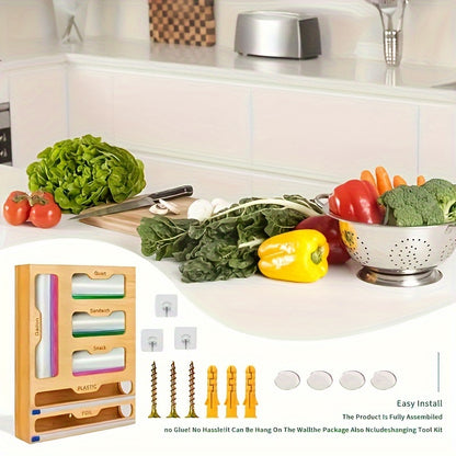 Bamboo Kitchen Drawer Organizer – Zip Bag, Foil & Plastic Wrap Dispenser with Built-In Cutter, Fits Gallon Quart Sandwich Snack Bags, Eco-Friendly Storage