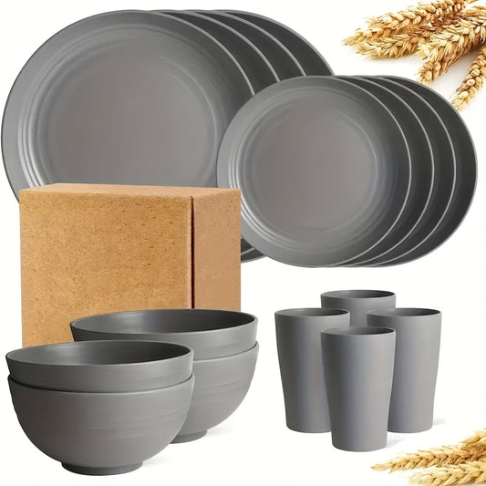 Dinnerware Set 16 Piece Wheat Straw Plates Bowls Cups - Unbreakable Dishwasher Microwave Safe Lightweight Dish Set for Camping Outdoor Daily Use, Modern Black Tableware