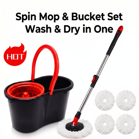 Spin Mop and Bucket Set with Wringer, 4 Microfiber Replacement Heads 42" Adjustable Handle, 360 Degree Spinning Mop Bucket System for Hardwood Tile Laminate Floor Cleaning, Standard Compact Upgrade with Soap Dispenser