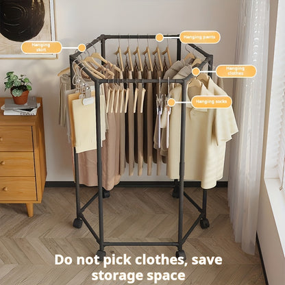 Rotating Clothes Rack Hexagonal – Freestanding 360° Rotary Vertical Clothing Hanging Rack for Laundry Room Bedroom, Space Saving Garment Organizer for Small Apartment, Black or White with Optional Mesh Bag