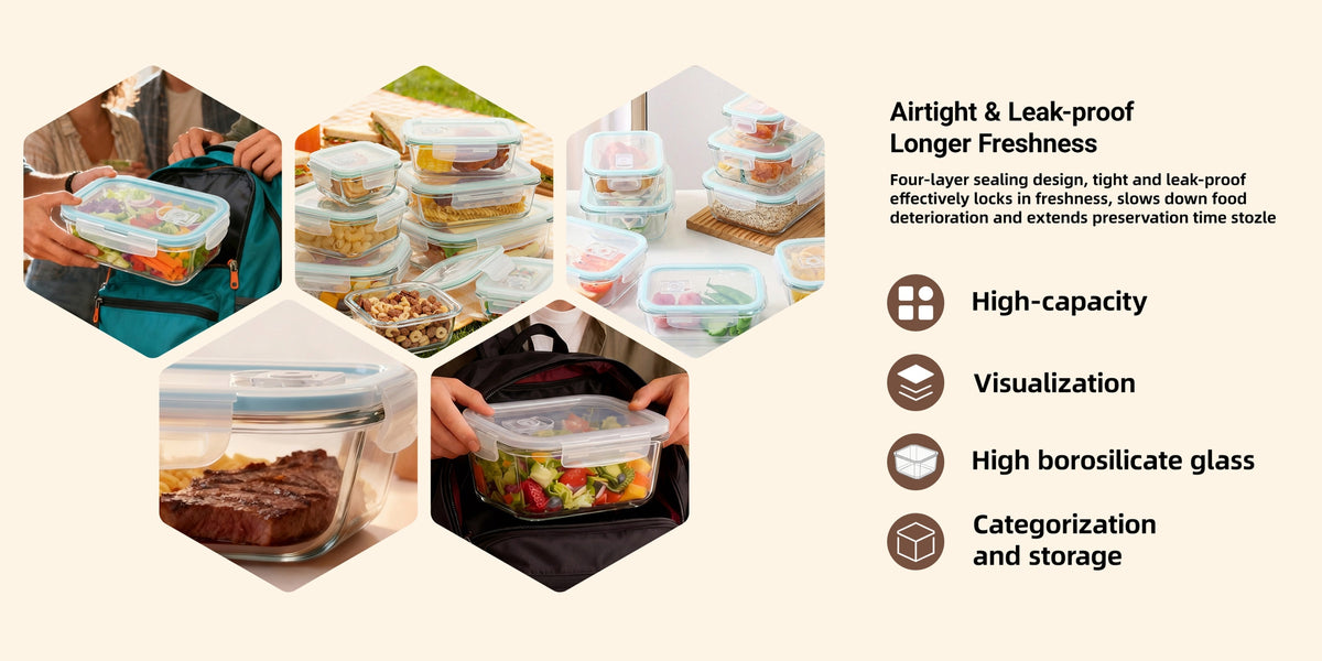 Glass Food Storage Containers Set 16 Piece – Airtight Borosilicate Glass Meal Prep Containers with Lids, Microwave Oven Safe, Lunch Box for Salads Fruits Vegetables, Gray Green Blue Colorful