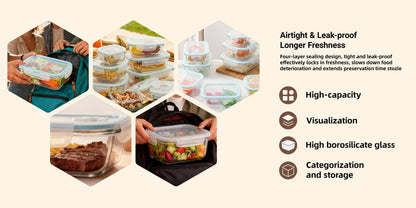 Glass Food Storage Containers Set 16 Piece – Airtight Borosilicate Glass Meal Prep Containers with Lids, Microwave Oven Safe, Lunch Box for Salads Fruits Vegetables, Gray Green Blue Colorful