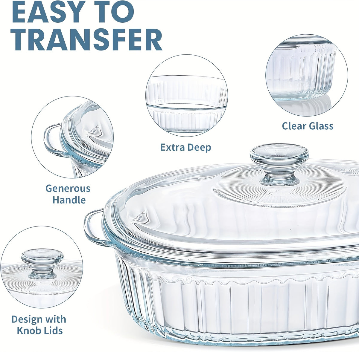 Oval Glass Casserole Dish with Lid Set 50oz & 85oz - Oven & Microwave Safe Baking Dish for Pasta, Chicken, Lasagna & Desserts | Home Viaco