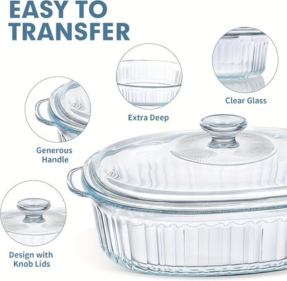 Oval Glass Casserole Dish with Lid Set 50oz & 85oz - Oven & Microwave Safe Baking Dish for Pasta, Chicken, Lasagna & Desserts | Home Viaco