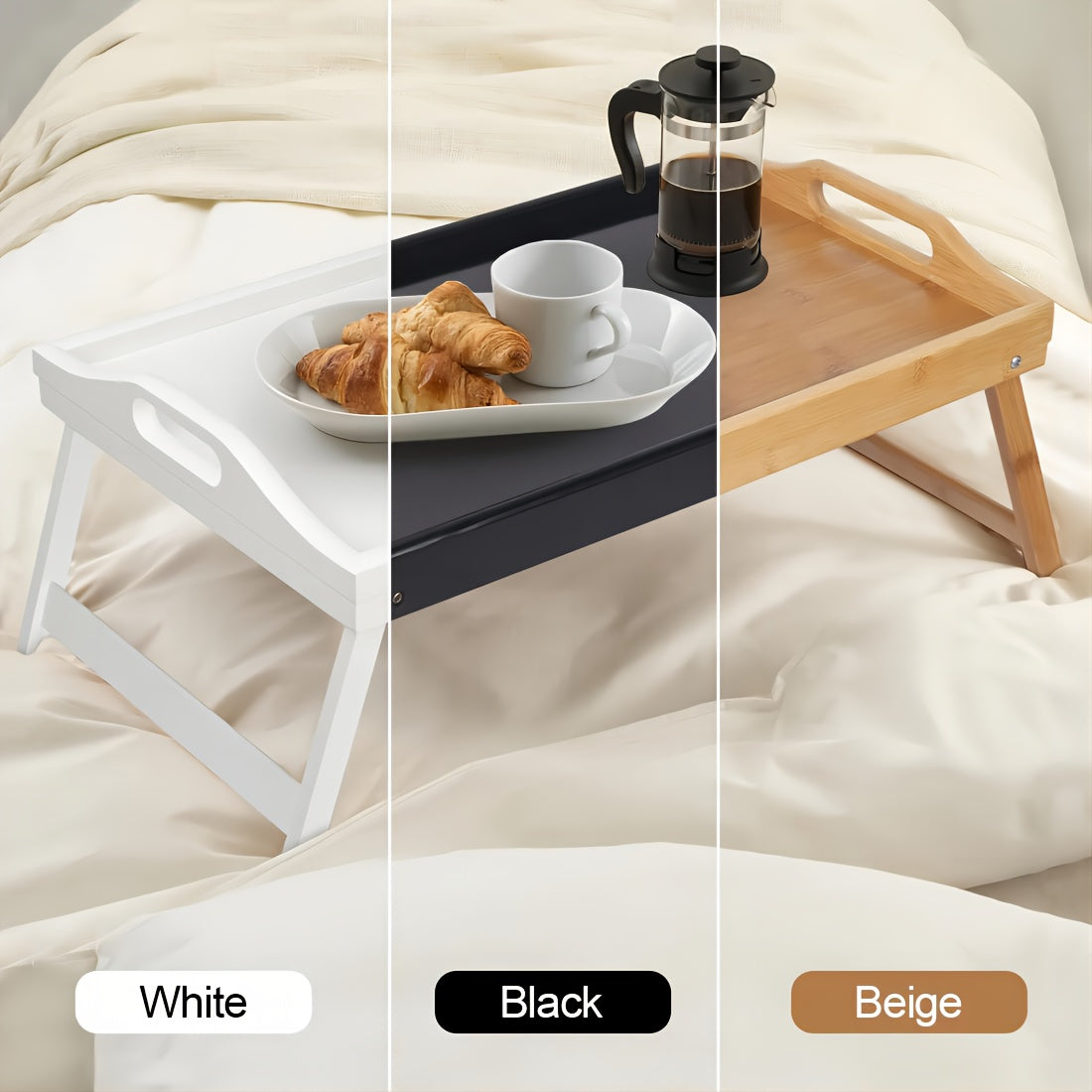 Bamboo Breakfast Tray with Folding Legs & Handles 2 Pack, Extra Wide Foldable Bed Tray Table for Eating Working Drawing, Portable Lap Desk for Sofa Bed Couch, Natural Bamboo with 10 Paper Plates