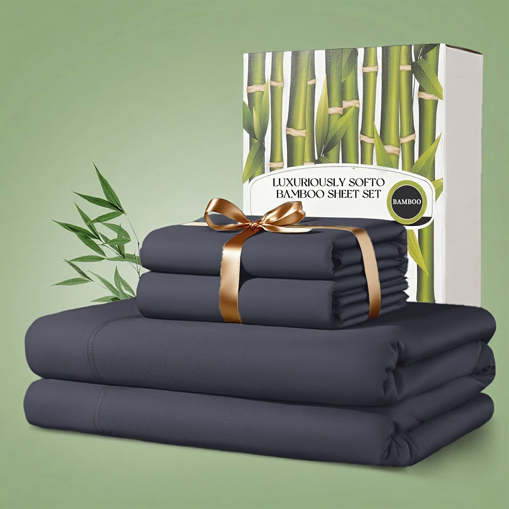 Bamboo Bed Sheet Set 4 Piece 2200TC Cooling Fabric Deep Pocket Fitted Sheet Ultra Soft Breathable for Hot Sleepers Twin Full Queen King Shrink Fade Wrinkle Resistant Hotel Quality Multiple Colors