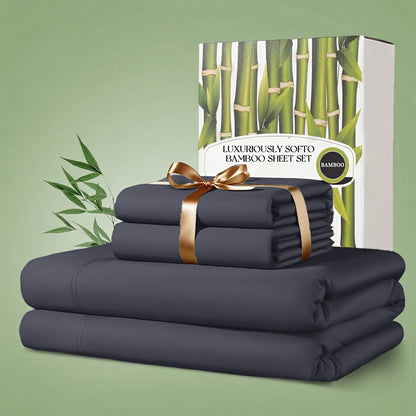 Bamboo Bed Sheet Set 4 Piece 2200TC Cooling Fabric Deep Pocket Fitted Sheet Ultra Soft Breathable for Hot Sleepers Twin Full Queen King Shrink Fade Wrinkle Resistant Hotel Quality Multiple Colors