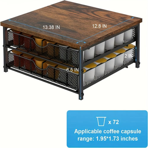 K-Cup Storage Drawer Metal Coffee Pod Holder – Sliding Basket Capsule Organizer for Kitchen Counter, Holds 48 Double-Layer Coffee Capsules, Space-Saving Countertop Coffee Station, Brown