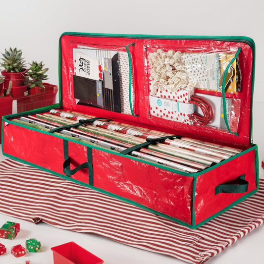 Holiday Storage Bag 40 Inch Waterproof Plastic Organizer with Zipper & Multiple Pockets – Dustproof Wear-Resistant Underbed Storage for Christmas Decorations Gift Wrapping Paper Ornaments Red Green