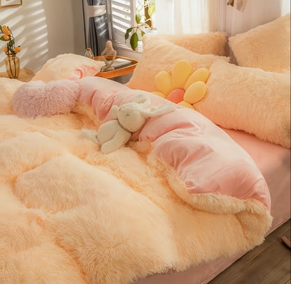 Fluffy Duvet Cover Set 4 Piece Queen King, Soft Plush Comforter Cover with 2 Pillow Shams All Season Cozy Bedding Set No Insert, in Purple Red Pink Gray Yellow Blue Beige Black