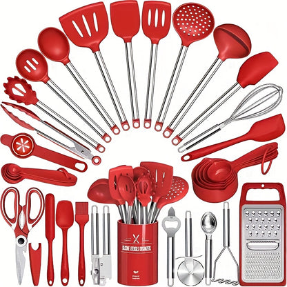 Silicone Kitchen Utensils Set 34 Piece – Heat-Resistant Cooking Tools with Stainless Steel Handles, Non-Scratch for Nonstick Cookware, Spatulas, Spoons, Tongs & More, Perfect for Home Chef & Gifting