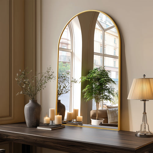 Gold Black Arch Mirror Wall Mounted Metal Frame Arched Wall Mirror Multiple Sizes for Bathroom Bedroom Entryway Living Room Vanity