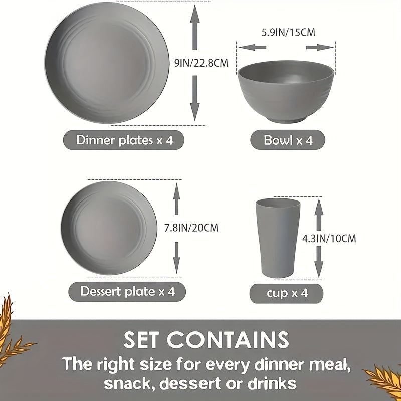 Dinnerware Set 16 Piece Wheat Straw Plates Bowls Cups - Unbreakable Dishwasher Microwave Safe Lightweight Dish Set for Camping Outdoor Daily Use, Modern Black Tableware