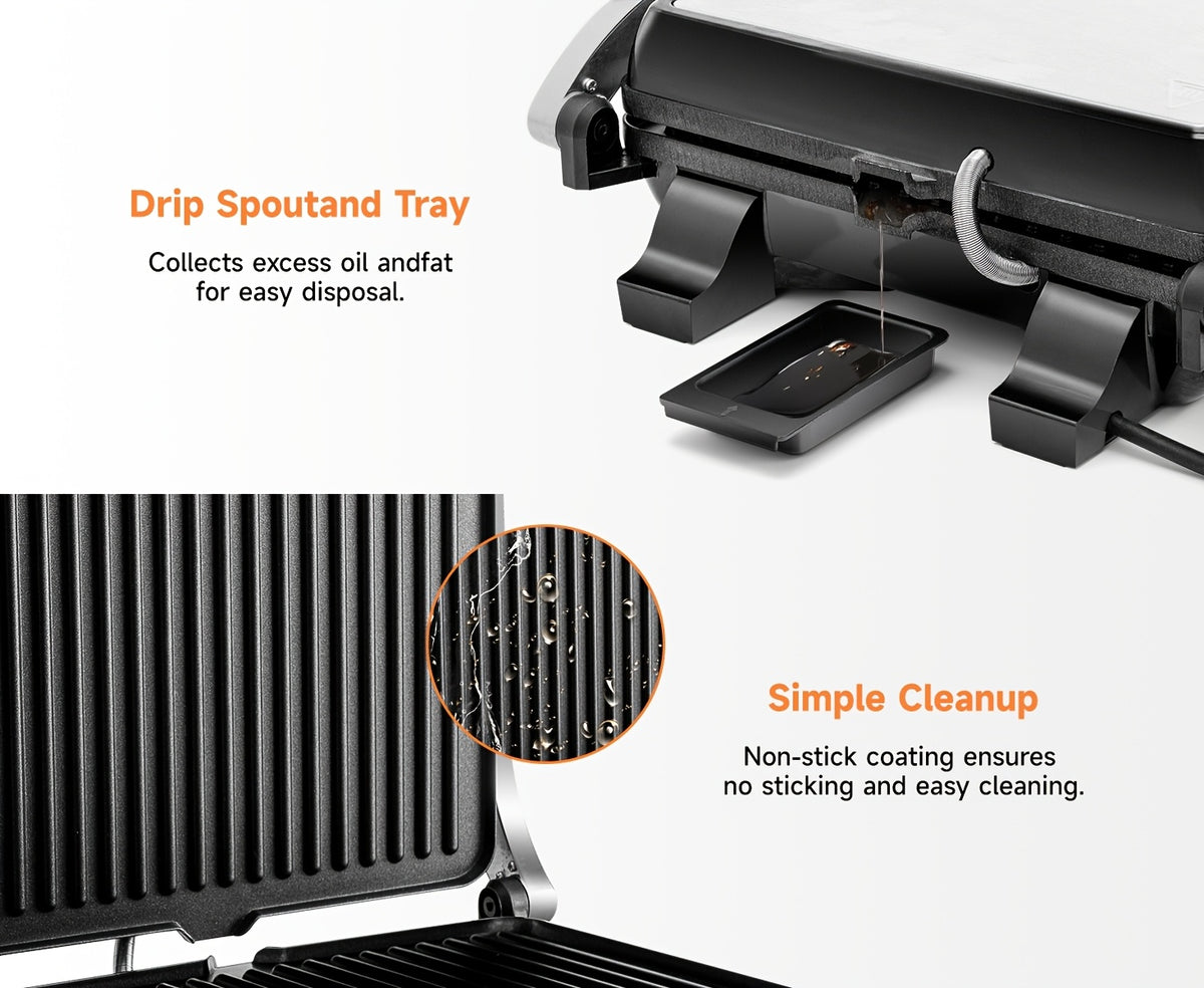 3-in-1 Electric Indoor Grill Panini Press Sandwich Maker with Non-Stick Cooking Plates, Opens 180 Degree Flat Grill, Floating Hinge Fits All Foods, Temperature Control & Grease Tray, Compact Kitchen Appliance