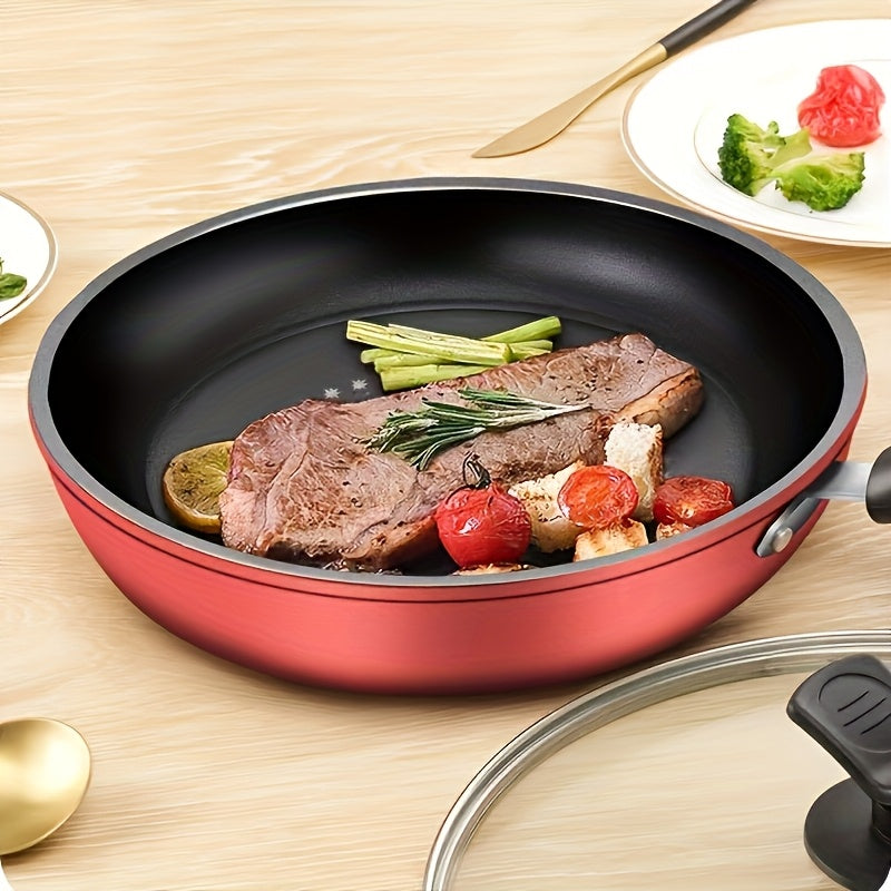 Non-Stick Frying Pan 9.45 Inch Cast Iron Skillet with Lid – Healthy Powder-Coated Cookware for Gas & Electric Stove, Perfect for Eggs, Steak & Pancakes | Red