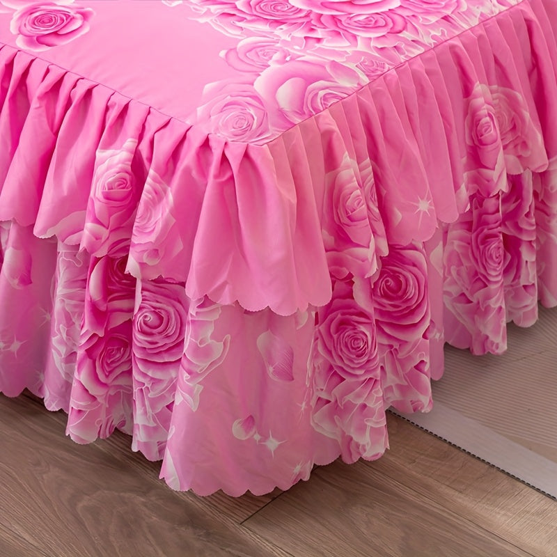 Bed Skirt Set 3-Piece with 2 Pillowcases, Double-Layered Hem Floral Peony & Plant Design, Dust-Proof Mattress Cover Bed Sheet, Machine Washable – Twin Full Queen, 5 Color Options