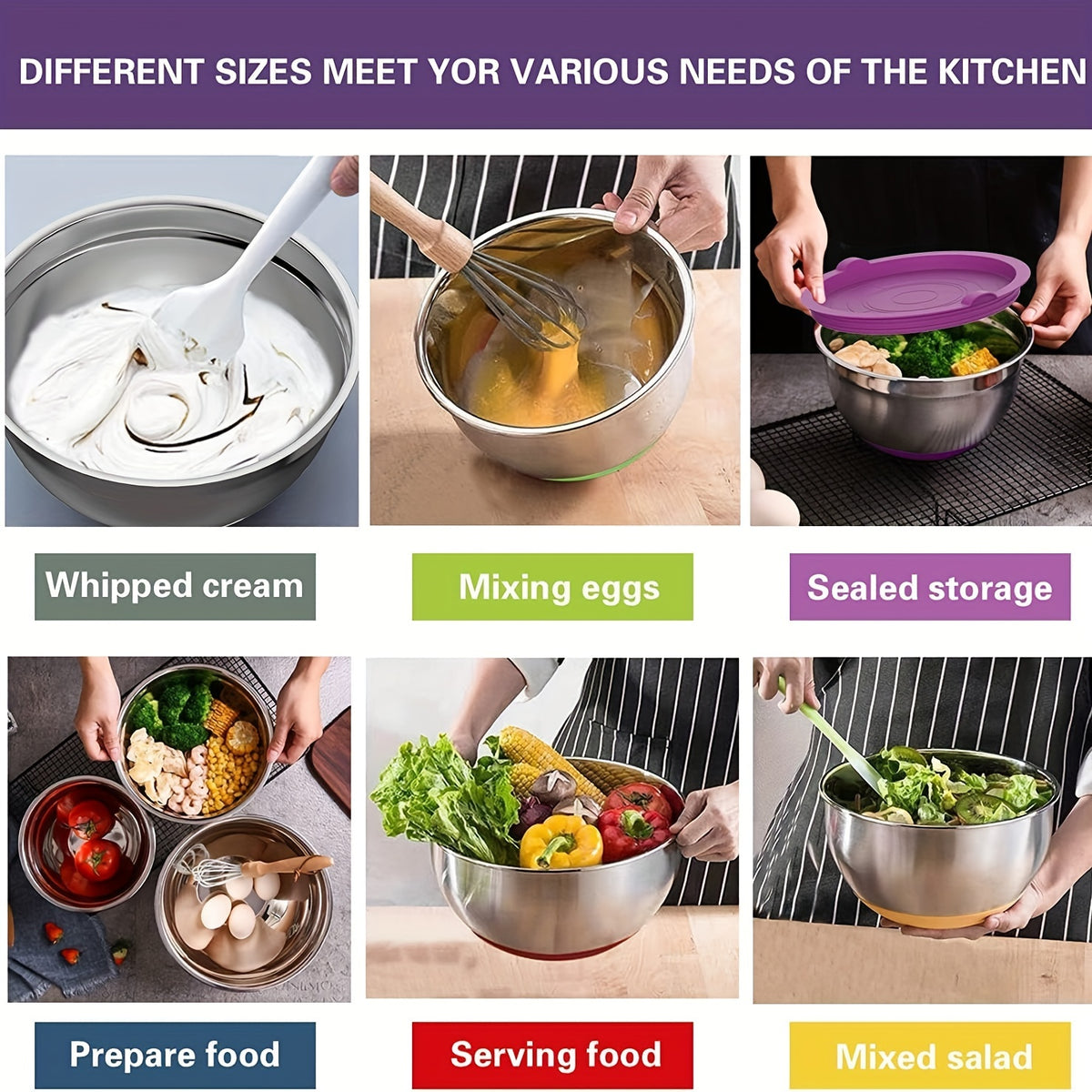 Mixing Bowls Set 20 Piece Stainless Steel with Airtight Lids & Non-Slip Silicone Bottom - 7 Sizes 0.67QT to 7QT for Baking Cooking Serving, Dishwasher Safe, Multicolored Black Gray Khaki