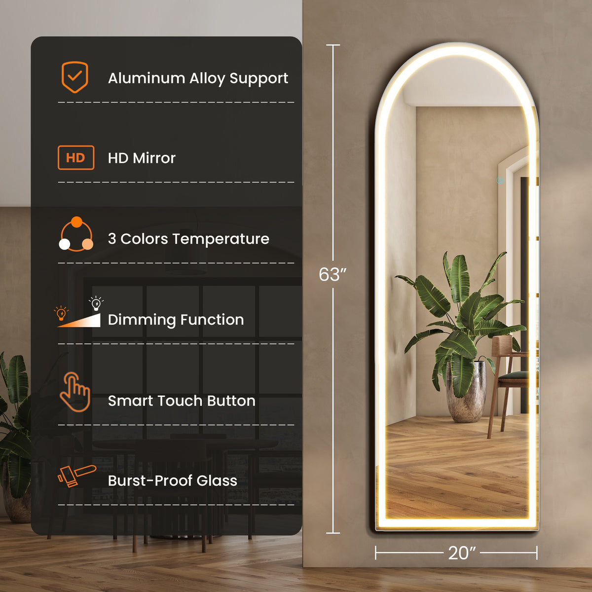 LED Full Length Mirror Arched & Rectangle Full Body Floor Mirror – Standing Leaning or Wall Hanging Aluminum Alloy Thin Frame 16x60 26x71 Inch for Bedroom Bathroom Dressing Room Store