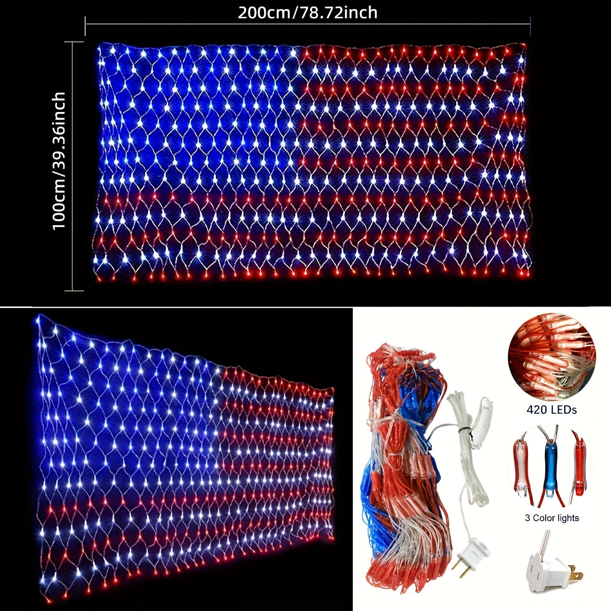 American Flag LED Net Light 420 LED String Lights 4th of July Decorations Independence Day Memorial Day Patriotic Outdoor Yard Garden Plug In 6.6x3.3FT