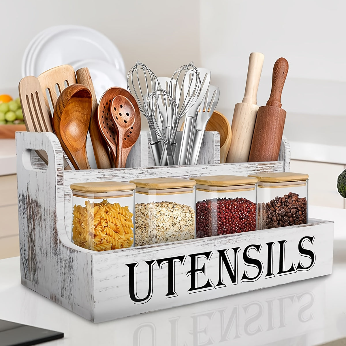 Extra Large Kitchen Utensil Organizer 4 Compartments Wooden Countertop Utensil Holder - Farmhouse Rustic Kitchen Storage for Cooking Utensils Spatulas Spoons - White Black