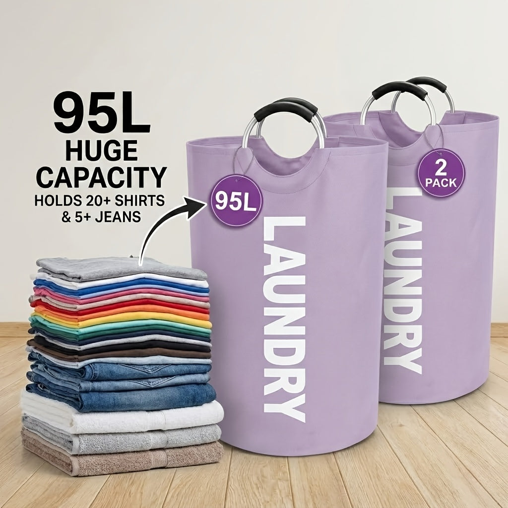 Extra Large Foldable Laundry Basket Set 95L/25 Gal – 2-Pack Thickened Waterproof Oxford Cloth Tall Storage Baskets for Bedroom, Bathroom, Dorm & Closet Organization, Multiple Colors